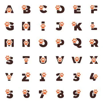Set of creative letters and numbers with animal paw print symbol isolated on  Stock Illustration
