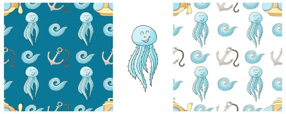 Set Creative marine seamless pattern. Pattern in hand draw style, created f.. Illustrazione stock