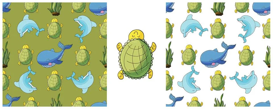 Set Creative marine seamless pattern. Pattern in hand draw style, created f.. Stock Illustration