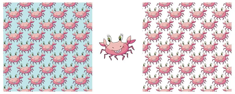 Set Creative marine seamless patterns. Crabs. Pattern in hand draw style, cre Illustrazione stock