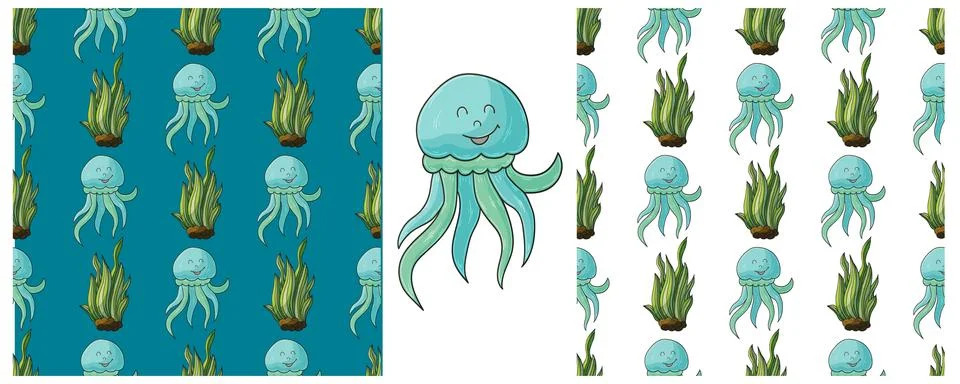 Set Creative marine seamless patterns. Jellyfish. Pattern in hand draw style, Illustrazione stock