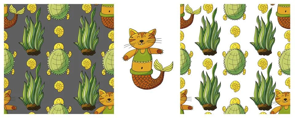 Set Creative marine seamless patterns. Mermaid cat and friends. Pattern in ha Illustrazione stock