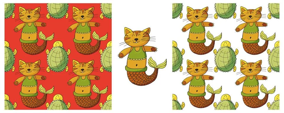 Set Creative marine seamless patterns. Mermaid cat and friends. Pattern in ha Stock Illustration