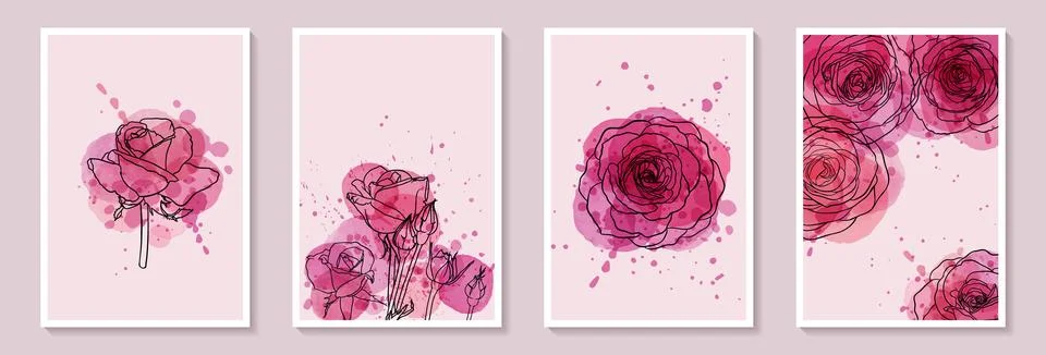 Set of creative minimalist hand draw illustrations floral outline with pink.. Stock-Illustration
