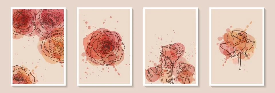 Set of creative minimalist hand draw illustrations floral outline with pink.. Stock-Illustration
