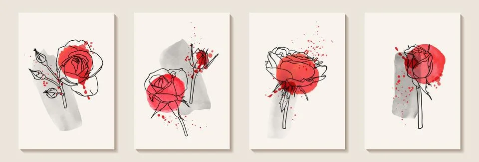 Set of creative minimalist hand draw illustrations floral outline with pink.. Stock Illustration