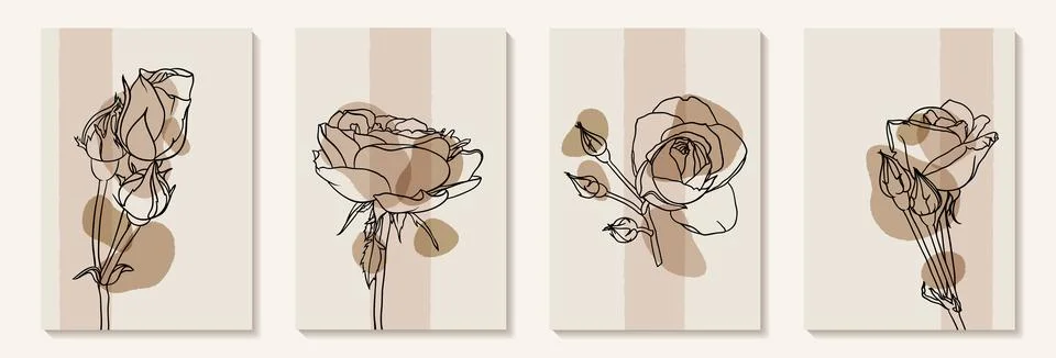 Set of creative minimalist hand draw illustrations rose floral outline past.. Stock Illustration