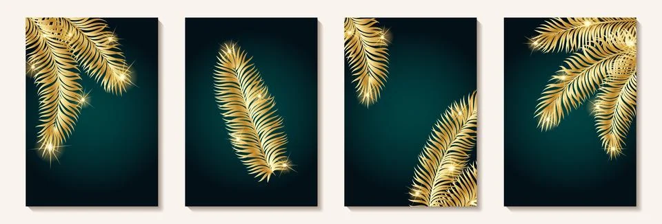 Set of creative minimalist hand draw illustrations floral golden tropical p.. Stock Illustration