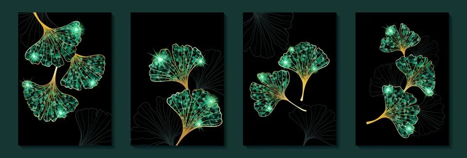 Set of creative minimalist hand draw illustrations floral outline golden gink Stock Illustration