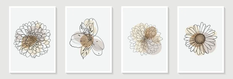 Set of creative minimalist hand draw illustrations flowers outline pastel b.. Stock Illustration