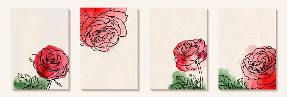 Set of creative minimalist hand draw illustrations floral outline watercolor Illustrazione stock