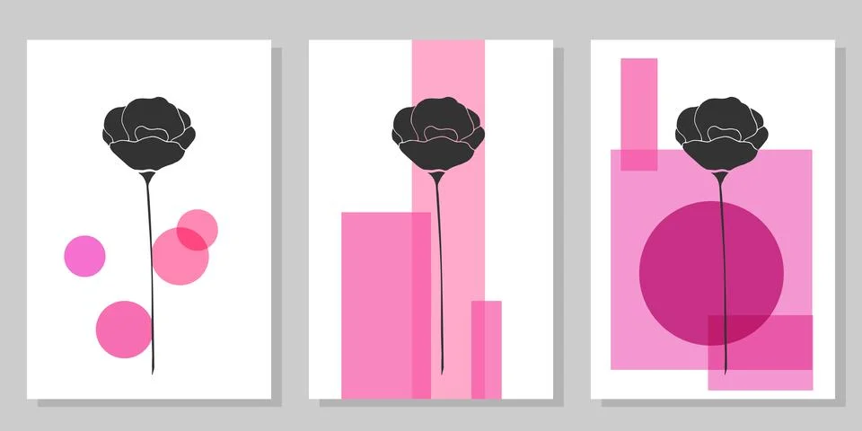 Set of creative minimalist posters with botanical elements and pink shapes Illustrazione stock