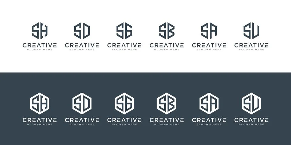 Set of creative monogram letter logo hexagon Premium Vector Stock Illustration