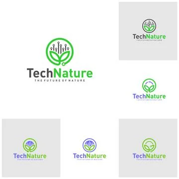 Set of Creative Nature Tech Logo Design Concepts. Bio Tech Logo Template Vect Stock Illustration