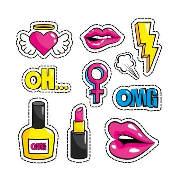 Set creative pop art patch with messages Stock Illustration