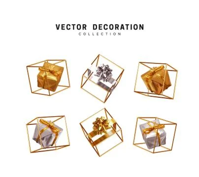 Set of creative realistic gift boxes in an empty golden cube. Festive decorat Stock Illustration