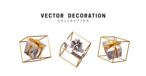 Set of creative realistic gift boxes in an empty golden cube. Festive decorat Stock Illustration