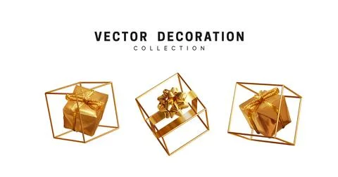 Set of creative realistic gift boxes in an empty golden cube. Festive decor.. Stock Illustration