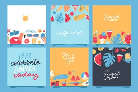 Set of creative summer square cards. Placard, poster, flyer with pineapple Stock Illustration