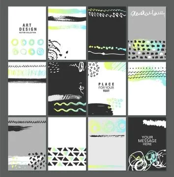 Set of creative universal art posters or cards. Hand Drawn textures. Universa Stock Illustration