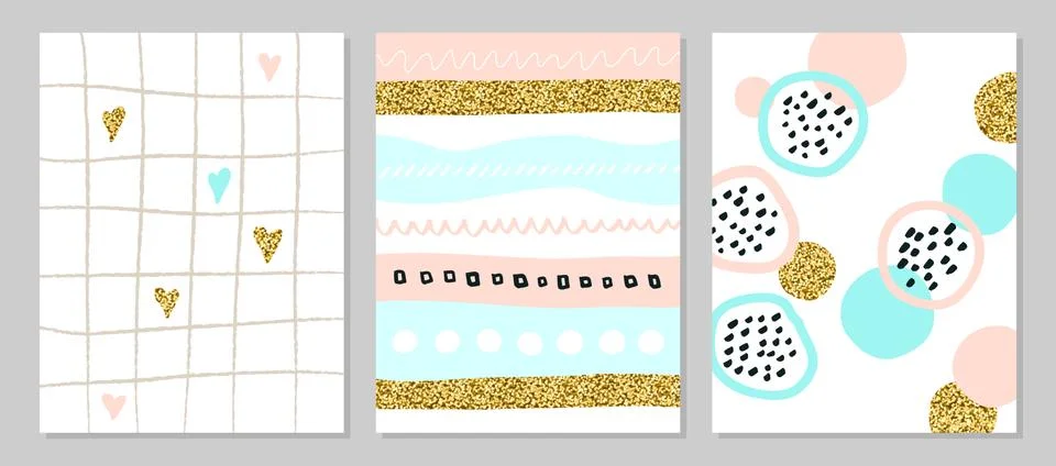 Set of creative universal art posters or cards with golden sparkles. Hand Drawn Stock-Illustration