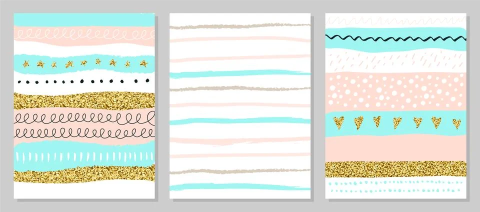 Set of creative universal art posters or cards with golden sparkles. Hand Drawn Stock Illustration