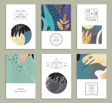 Set of creative universal floral cards. Hand Drawn textures. Wedding, anniver Stock Illustration