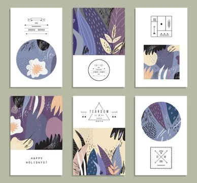 Set of creative universal floral cards. Hand Drawn textures. Wedding, anniver Stock Illustration