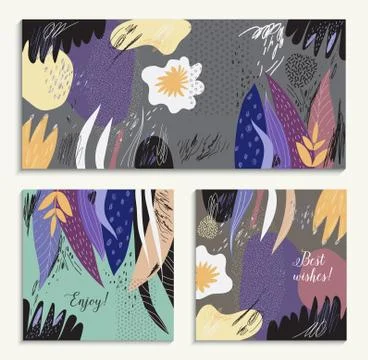 Set of creative universal floral cards. Hand Drawn textures. Wedding, anniver Stock Illustration