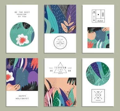 Set of creative universal floral cards. Hand Drawn textures. Wedding, anniver Stock Illustration