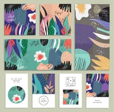 Set of creative universal floral cards. Hand Drawn textures. Wedding, anniver Stock Illustration