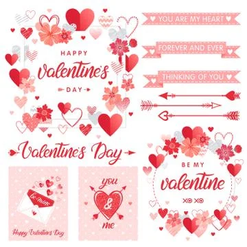 Set of creative Valentines Day cards and elements.Hand drawn lettering with h Stock Illustration