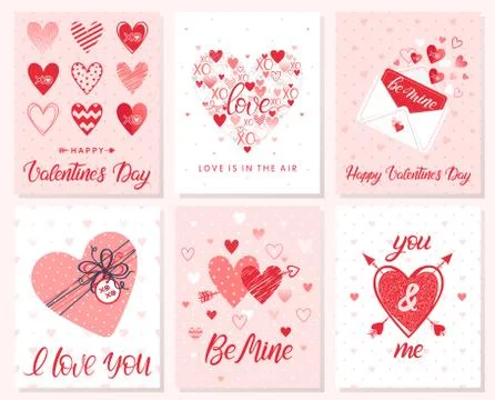 Set of creative Valentines Day cards with hearts,dots,hugs and kisses,love le Stock Illustration