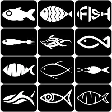Set of creative white fish icons on black background Stock Illustration