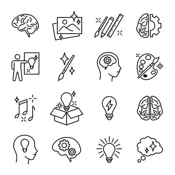 Set of creativity icons. Flat isea pictograms for web. Line stroke. Simple sy Stock Illustration