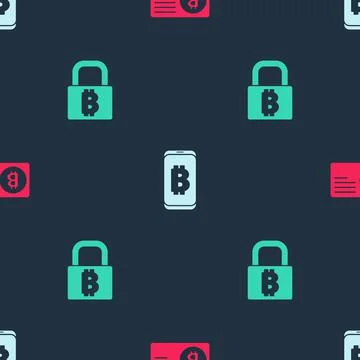 Set Credit card with bitcoin, Mining from mobile and Lock on seamless pattern Stock Illustration