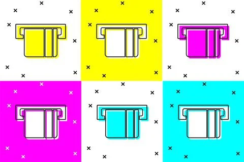 Set Credit card inserted in card reader icon isolated on color background. ATM Illustrazione stock