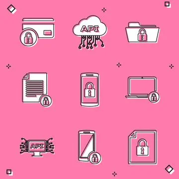 Set Credit card with lock, Cloud api interface, Folder and, Document, Smartphone Stock Illustration