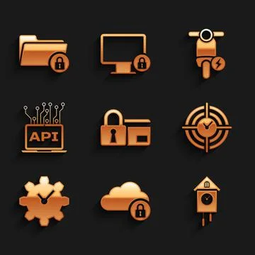 Set Credit card with lock, Cloud computing, Retro wall watch, Time Management Stock Illustration