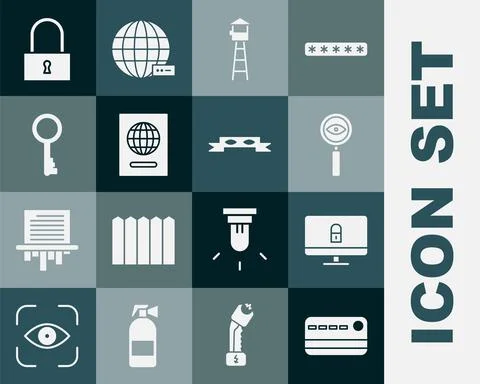 Set Credit card, Lock on computer monitor, Magnifying glass Search, Watch tower Stock Illustration
