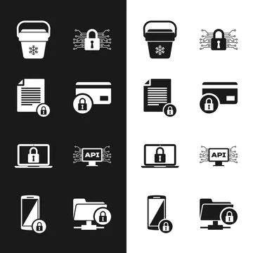 Set Credit card with lock, Document and, Cooler bag, Cyber security, Laptop and Illustrazione stock