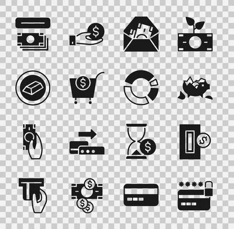 Set Credit card with lock, Inserting coin, Broken piggy bank, Envelope dollar Stockillustratie