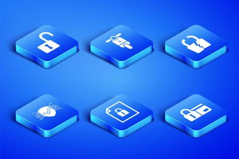 Set Credit card with lock, Open padlock, Document and, Cyber security, Electric Illustrazione stock