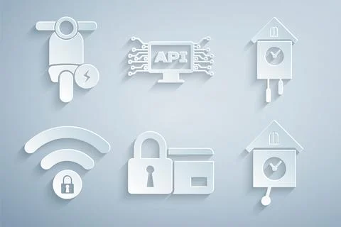 Set Credit card with lock, Retro wall watch, Wifi locked, , Computer api in.. Stock Illustration