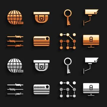 Set Credit card, Security camera, Lock on computer monitor, Graphic password 스톡 일러스트