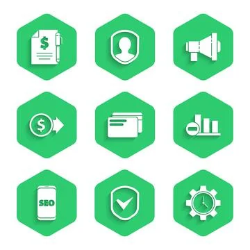 Set Credit card, Shield with check mark, Time Management, Pie chart infographic Illustrazione stock