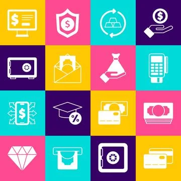 Set Credit card, Stacks paper money cash, POS terminal with credit, Gold bars 스톡 일러스트