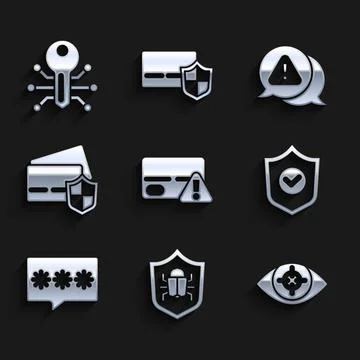 Set Credit card, System bug, Eye scan, Shield with check mark, Password prote Illustrazione stock