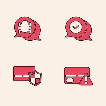 Set Credit card, System bug, Check mark in speech bubble and with shield icon Illustrazione stock
