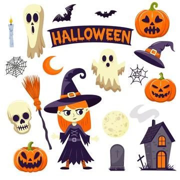 Set of creepy Halloween elements. Ghosts, pumpkins, bats and more. Vector i.. Stock Illustration